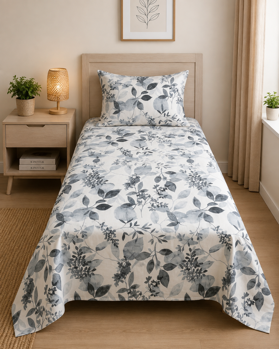 Grey Botanical Leaf Single & Double Bedsheet with 2 Pillowcases