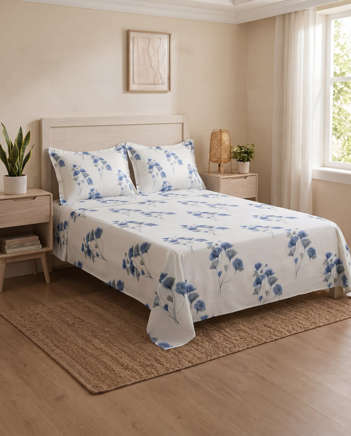 Blue Floral Cotton Bedsheet Set with pillowcase