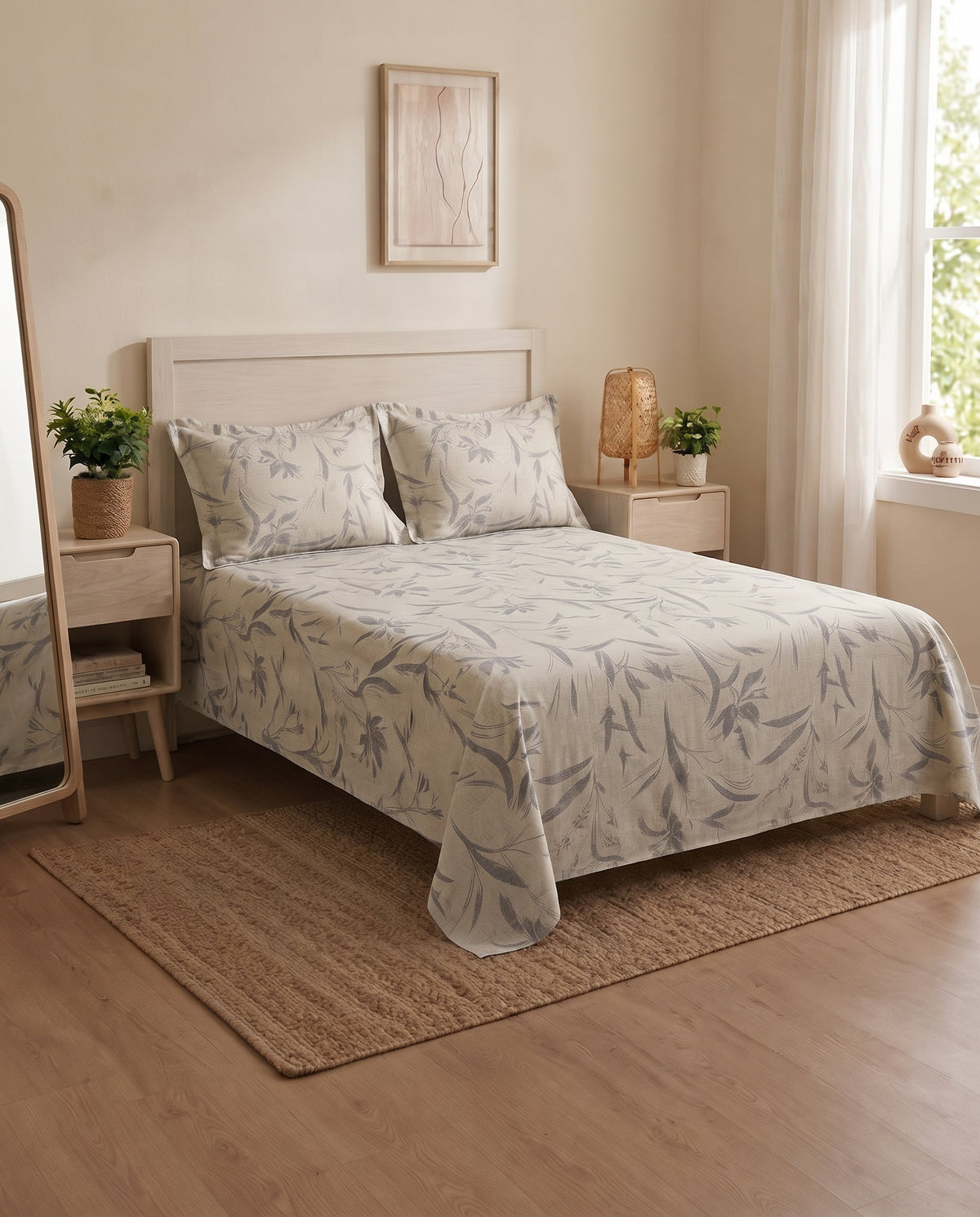 Beige Floral Bedsheet set with 2 same Pillowcases