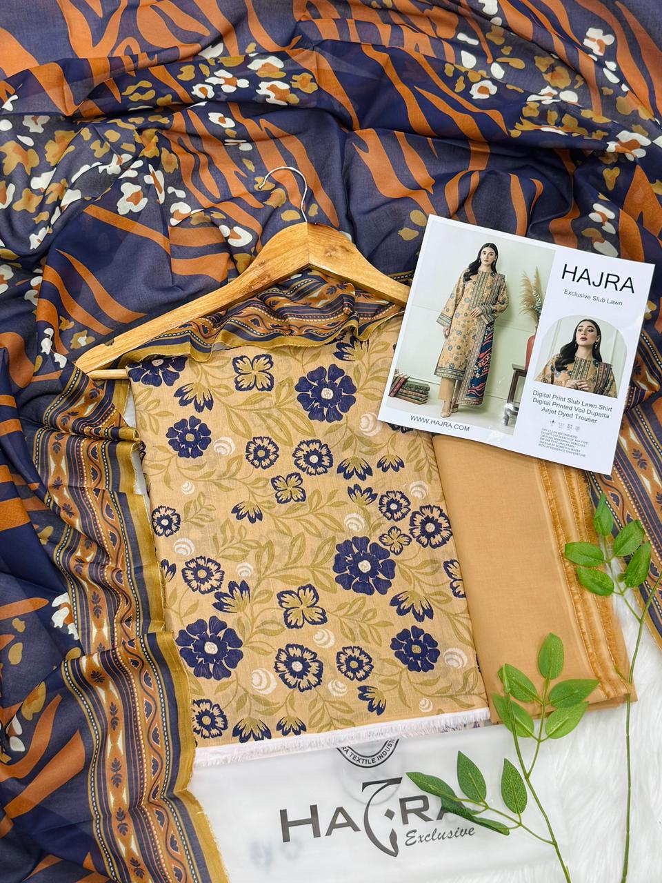 Hajra Slub Lawn 3PC With Voil Dupatta