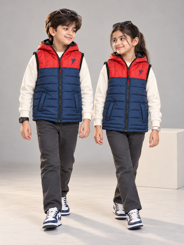 Sleeveless Hooded Puffer For Boys & Girls VJ06-A Red/Navy