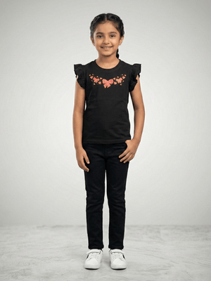 Girls Summer Black Butterfly Heart Ruffle Sleeve T-Shirt VG193-A