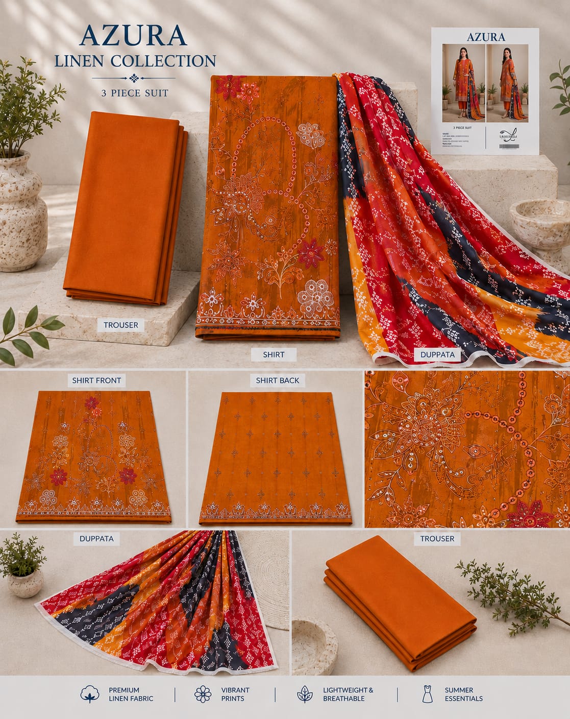 Azura Linen Lux Embroidered 3PC Suit