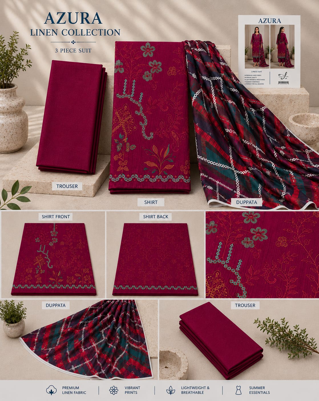 Azura Linen Lux Embroidered 3PC Suit