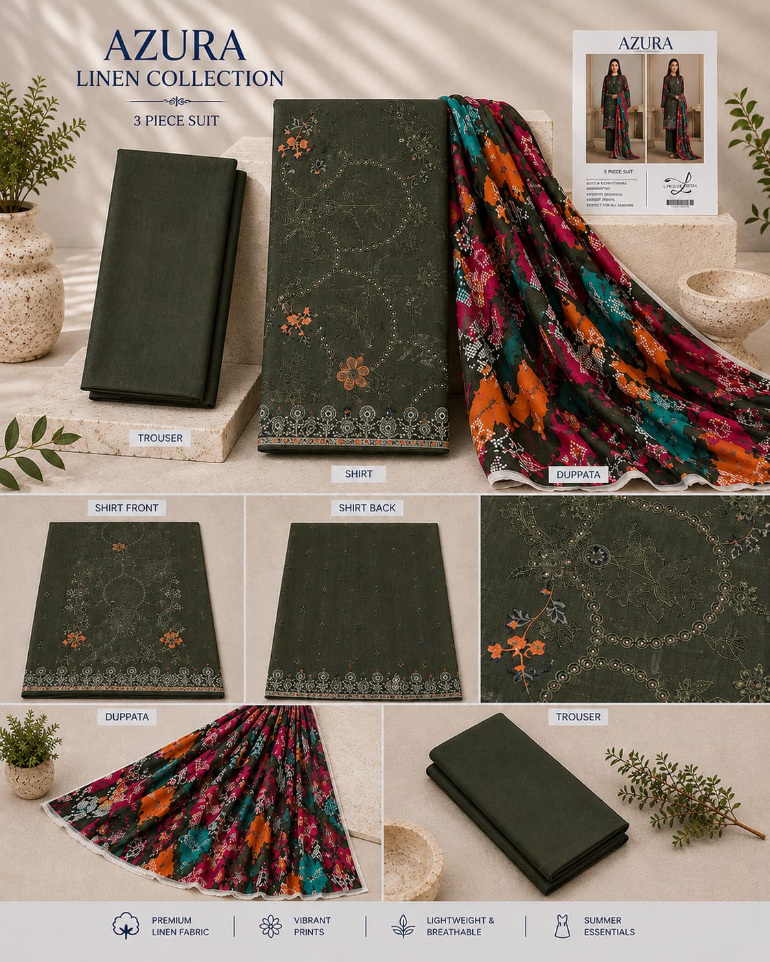 Azura Linen Lux Embroidered 3PC Suit