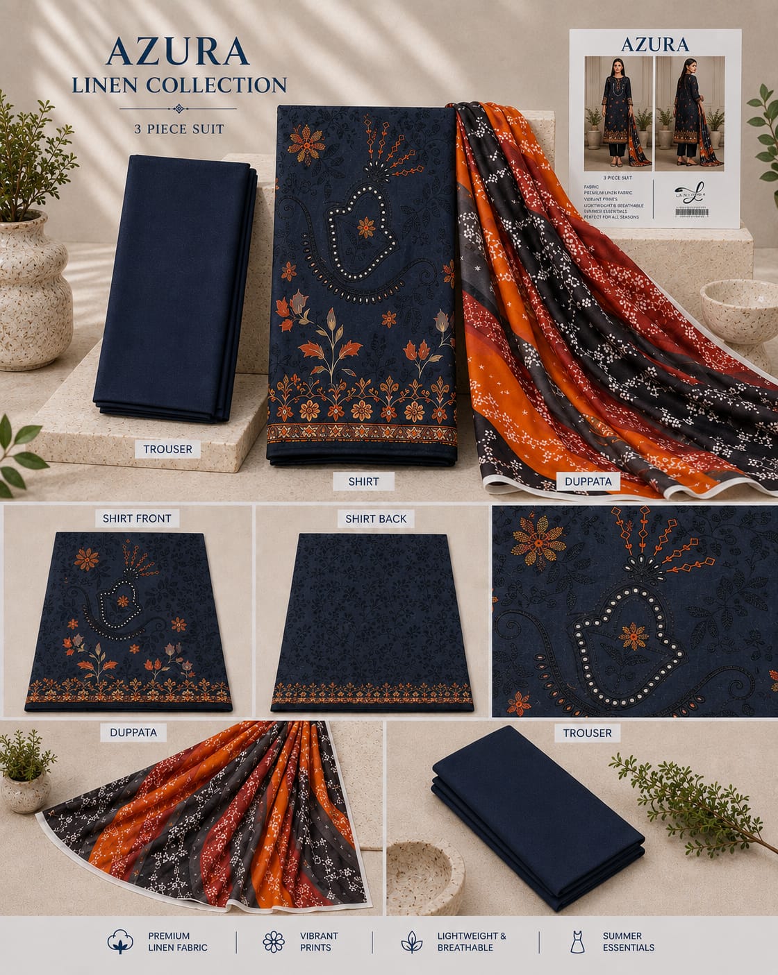 Azura Linen Lux Embroidered 3PC Suit