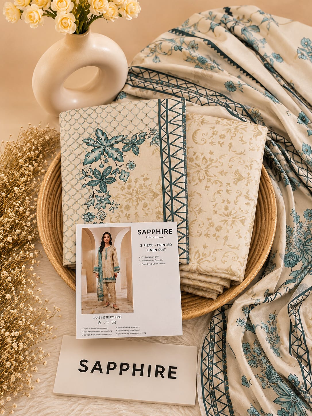 Sapphire Print Linen 3PC Suit Winter Collection 2026
