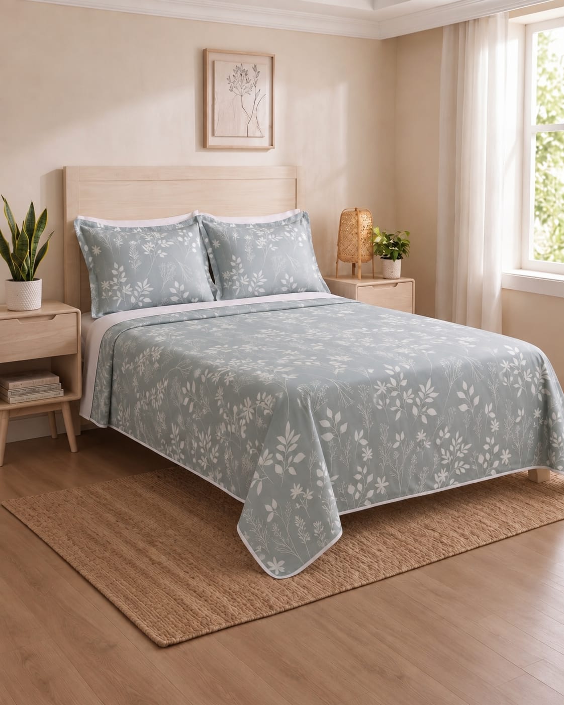 Grey Floral Cotton Double Bedsheet Set  with pillow covers