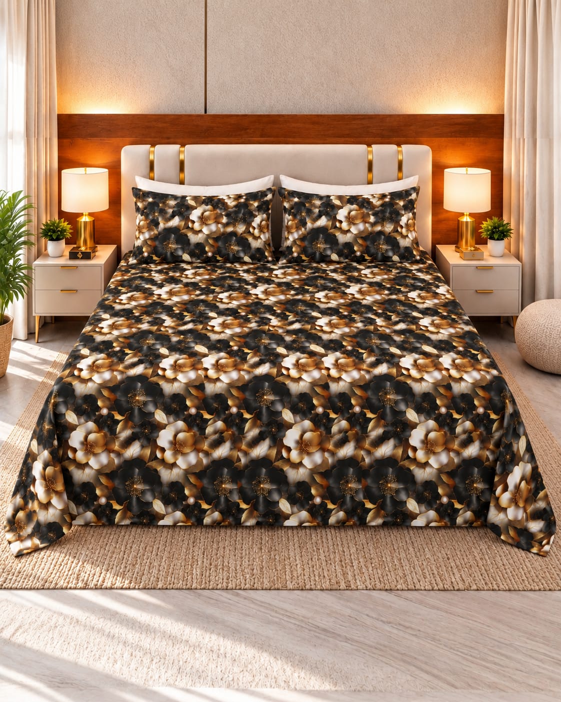 Black & Gold 3D Printed Bedsheet | 3 Pieces