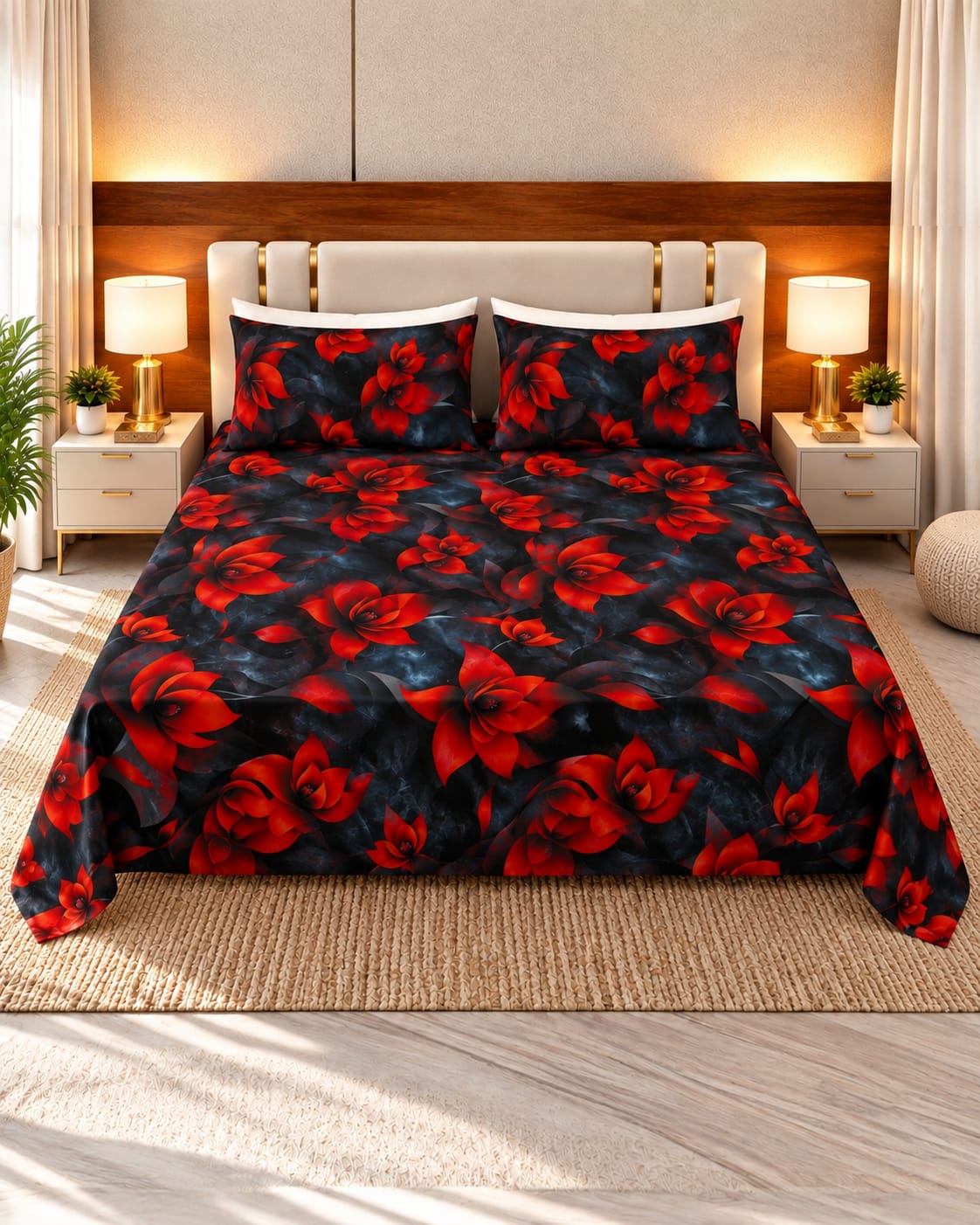 Red & Blue 3D Design Bedsheet | 3 Piece