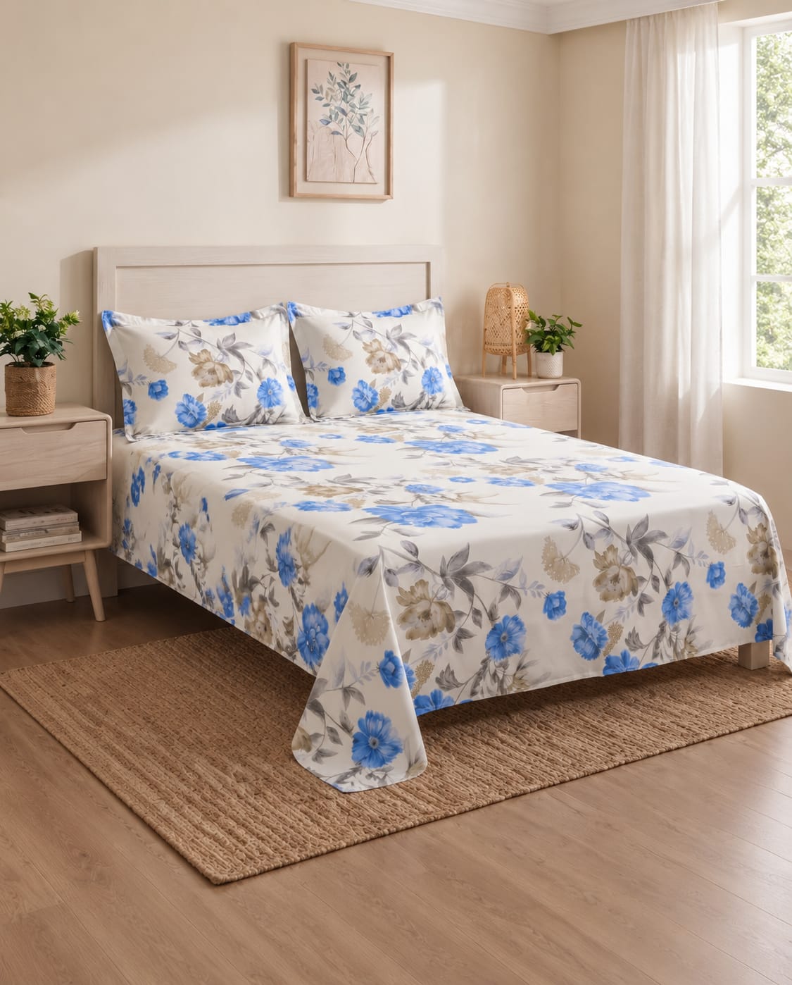 Cotton Floral Print Double Bedsheet Set with 2 pillows