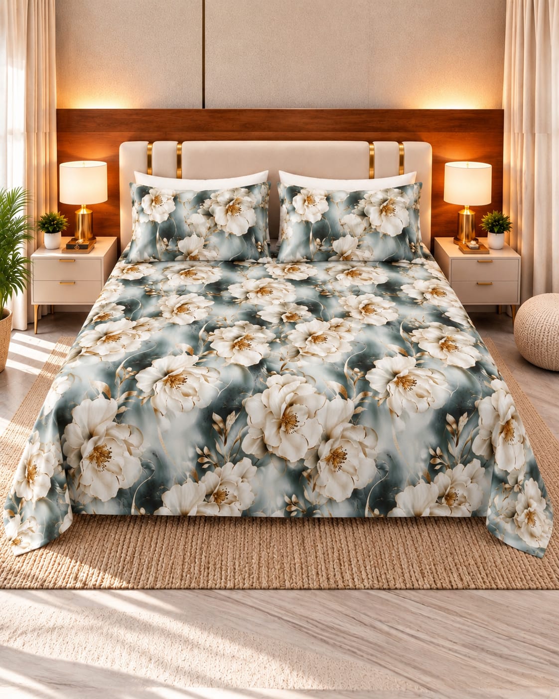3D white Flower Bedsheet | 3 Pieces
