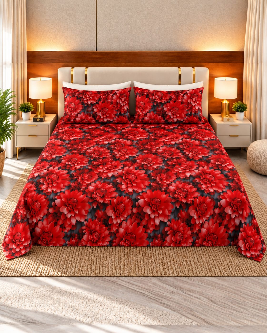 Red Printed 3D Bedsheet – 3 Piece