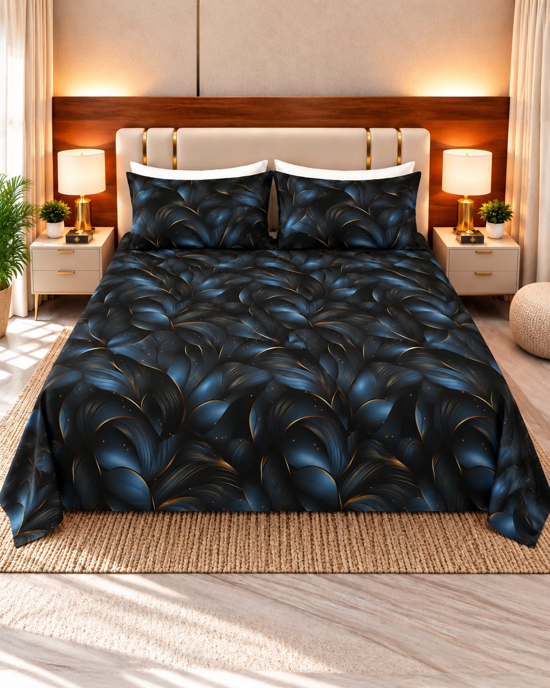 3D Printed Dark Blue Bedsheet – 3 Piece
