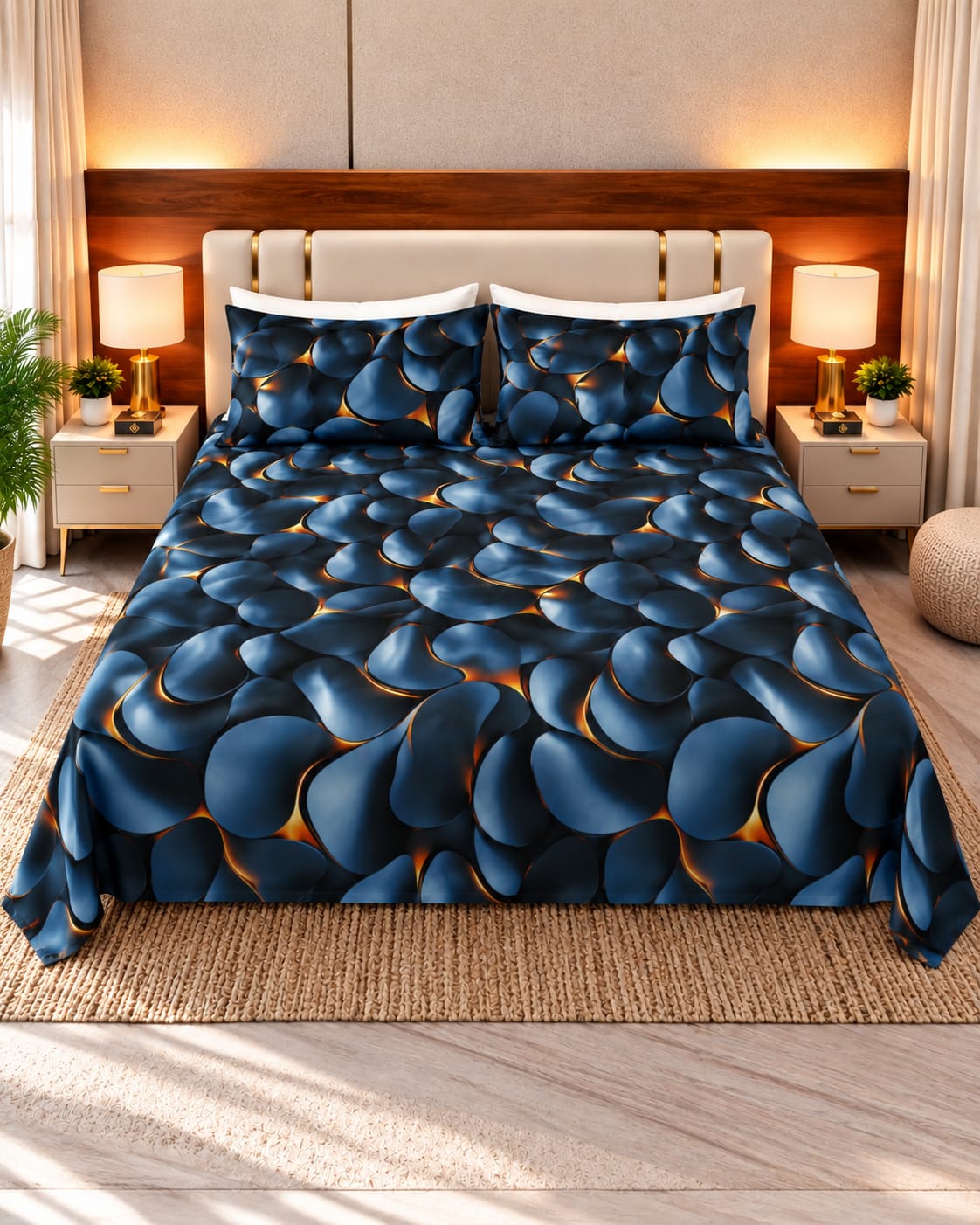 3D Stone Print Blue Bedsheet  – 3 Piece
