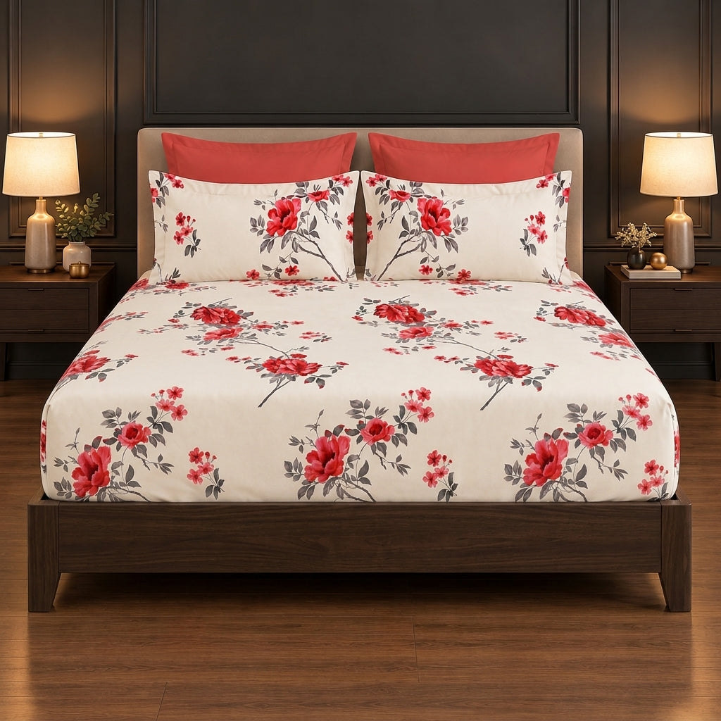 Red Blossom Print Bedsheet Set