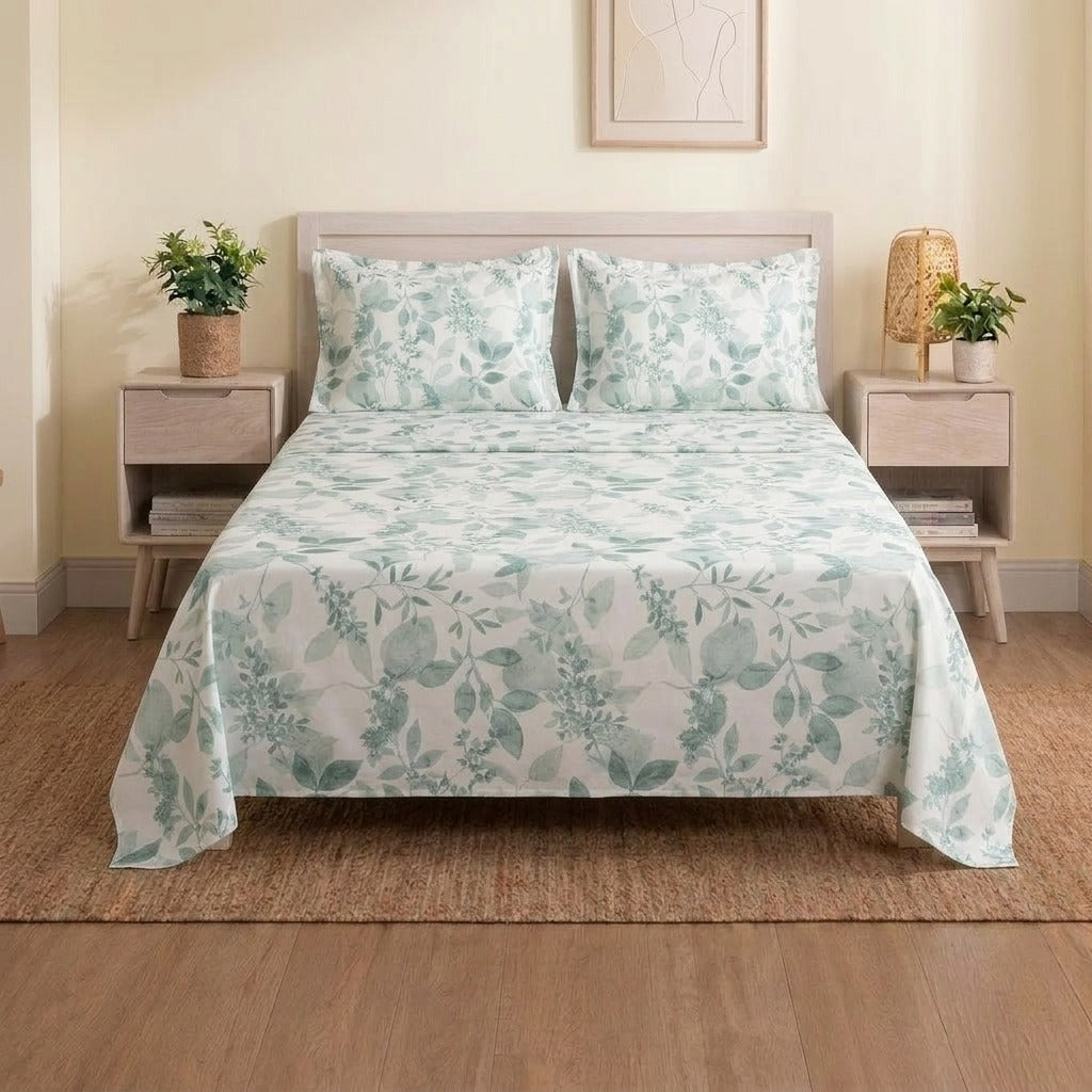 Sage Green Botanical Cotton Bedsheet with Pillow Covers