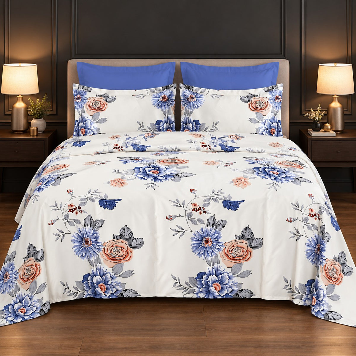 Whimsy Weave Blue Rose Bouquet Print Bedsheet Set on a bed