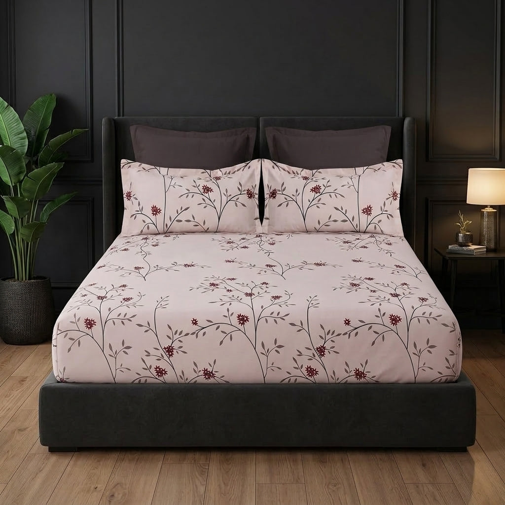 Whimsy Weave Blush Berry Vine Print Bedsheet Set King Fitted sheet on a bed