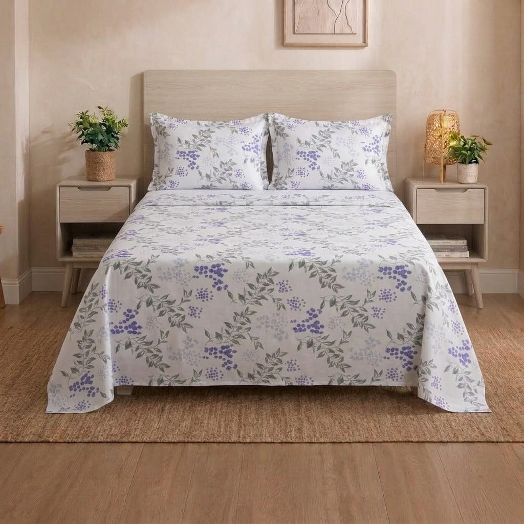 Botanical Lavender Berry Single & Double Bedsheet set with 2 Pillowcases