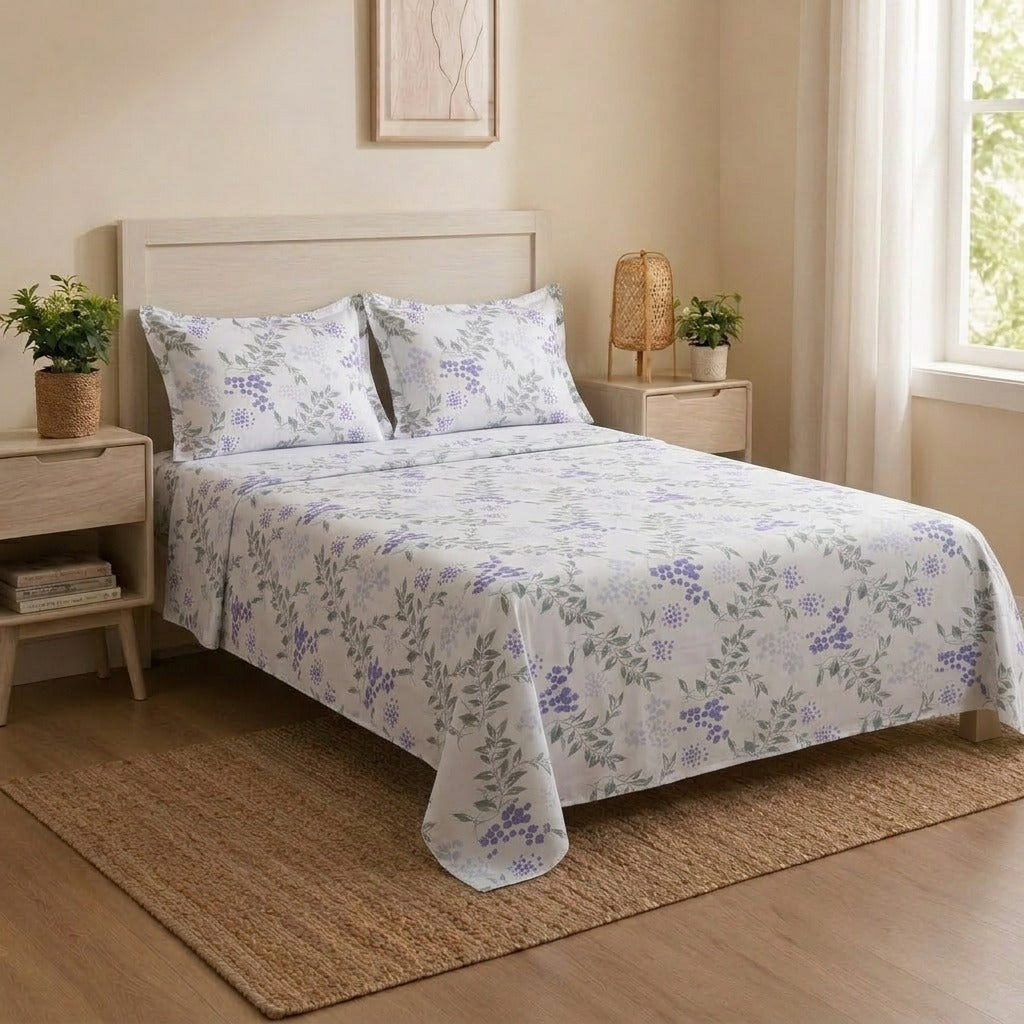 Botanical Lavender Berry Single & Double Bedsheet set with 2 Pillowcases