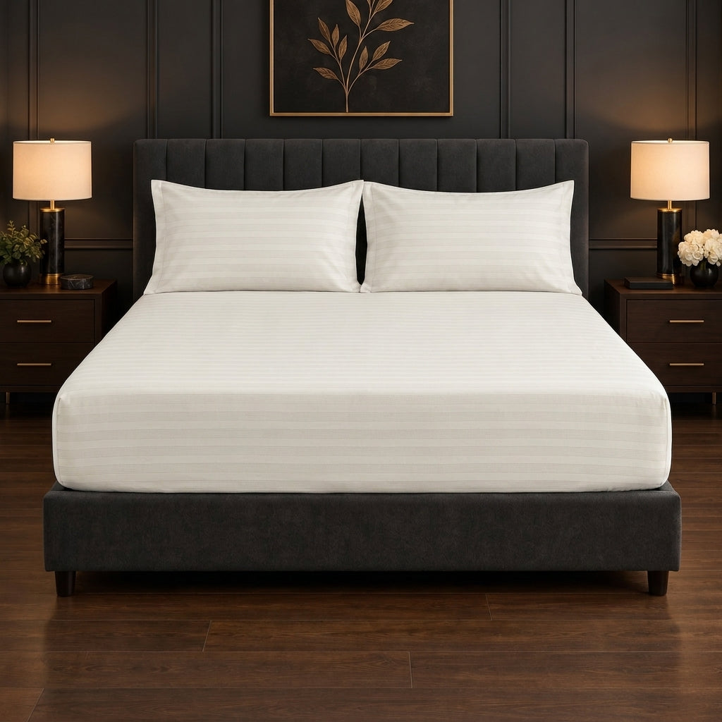 Whimsy Weave Classic Stripe Bedsheet Set - Beige King Fitted sheet on a bed