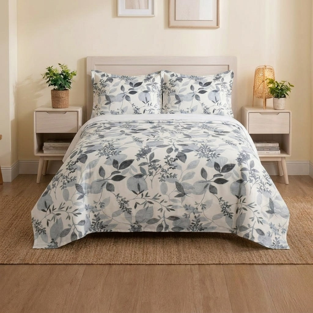 Grey Botanical Leaf Single & Double Bedsheet with 2 Pillowcases