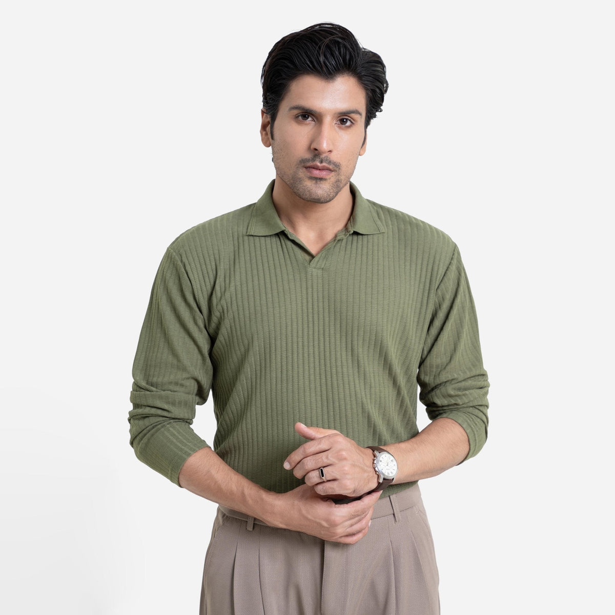 Full Sleeve Matcha Polo Shirt - KnittedshirtGarderobe Clothing