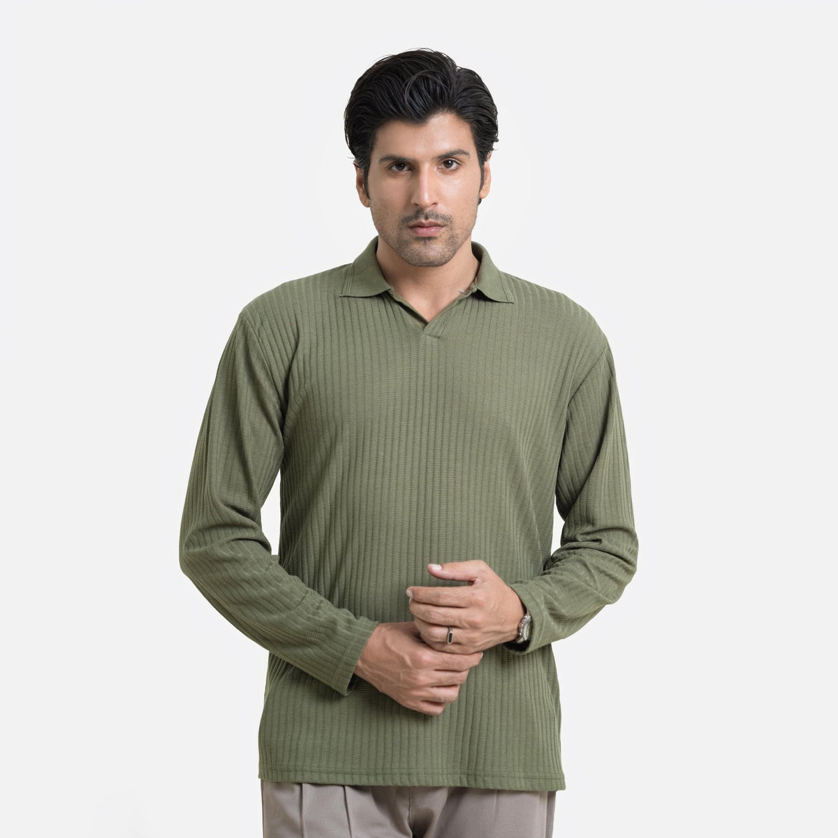 Full Sleeve Matcha Polo Shirt - KnittedshirtGarderobe Clothing