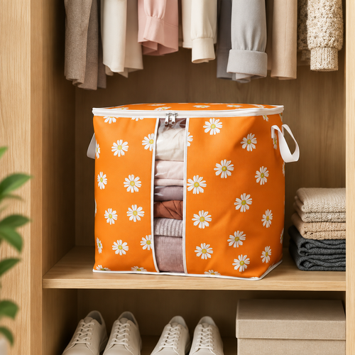 Orange Storage Bag – 120 & 110 GSM Non Woven Floral Print Organizer