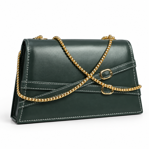 Elegant Charcol Grey Leather Clutch Bag with Gold Chain Strap