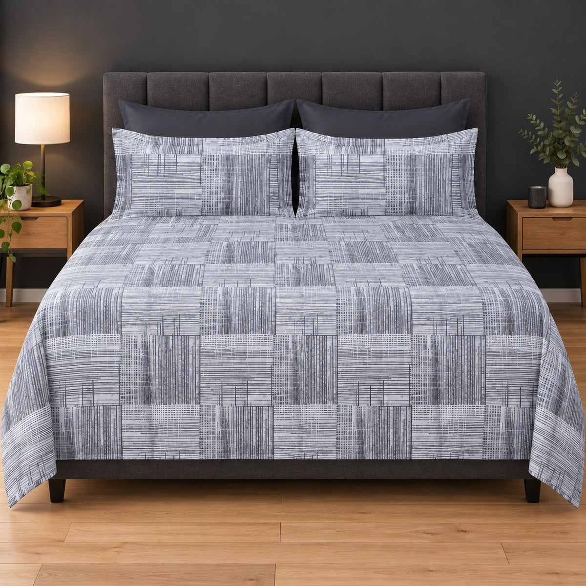 Whimsy Weave Grey Texture Print Bedsheet Set on a bed