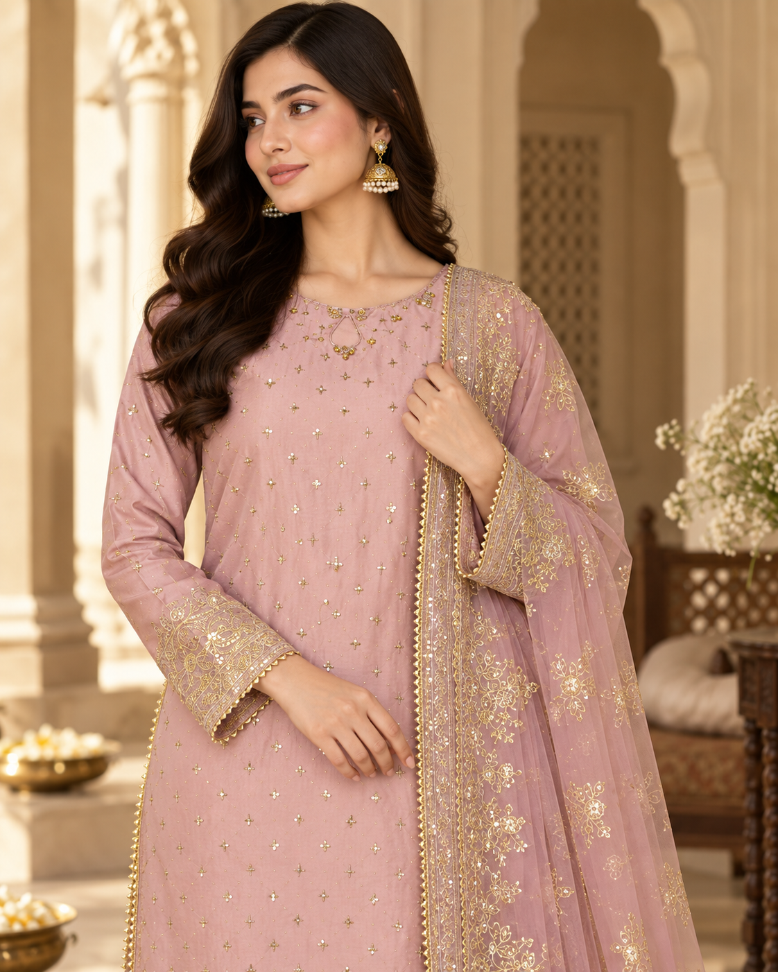 PC-92 Embroidered Silk Kurti with Tulip Shalwar & Organza Dupatta - 3 Pcs