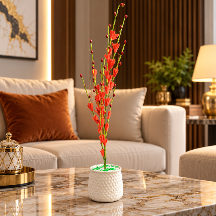Artificial Red Blossom Flower Plant with White Decorative Pot CH 00326
