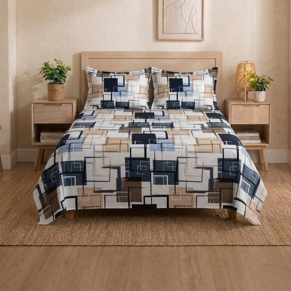 Modern Geometric Printed Bedsheet Set | Contemporary Abstract Pattern Bedding with Matching Pillowcases