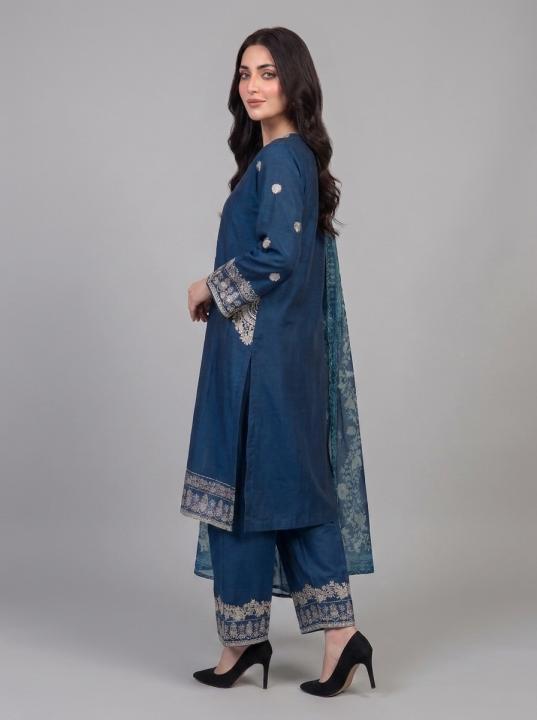 3 Pc Embroidered Lawn Cotton Stitched Suit - Deep Teal Blue