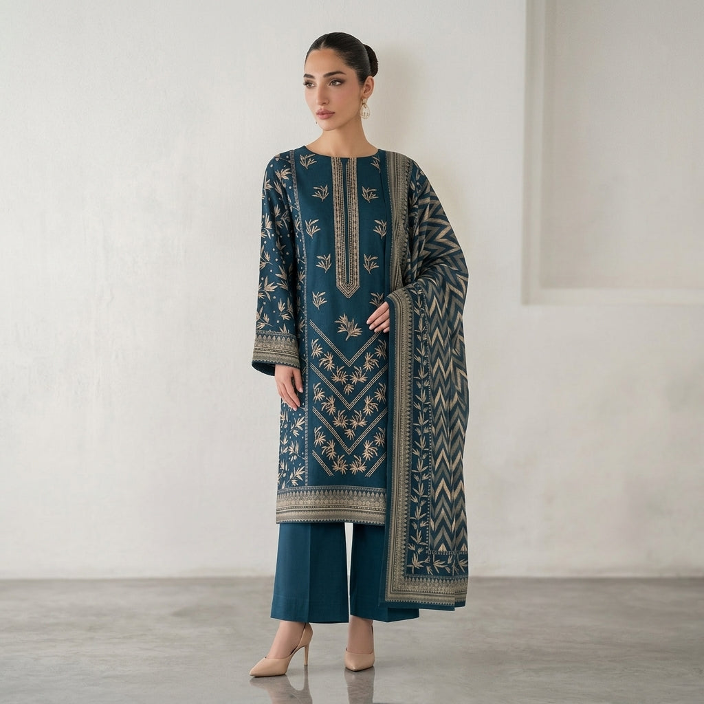 A0331 Unstitched Embroidered Dhanak Suit - 3 Pc