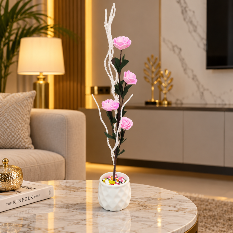 Artificial Pink Rose Plant with White Decorative Branches & Ceramic Pot CH 00313