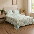 Elegant Sage Green Botanical Cotton Bedsheet with Pillow Covers