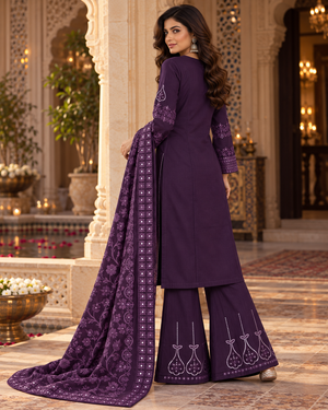 PC-97 Embroidered Cotton Shirt with Flared Trouser & Diamond Dupatta - 3 Pcs