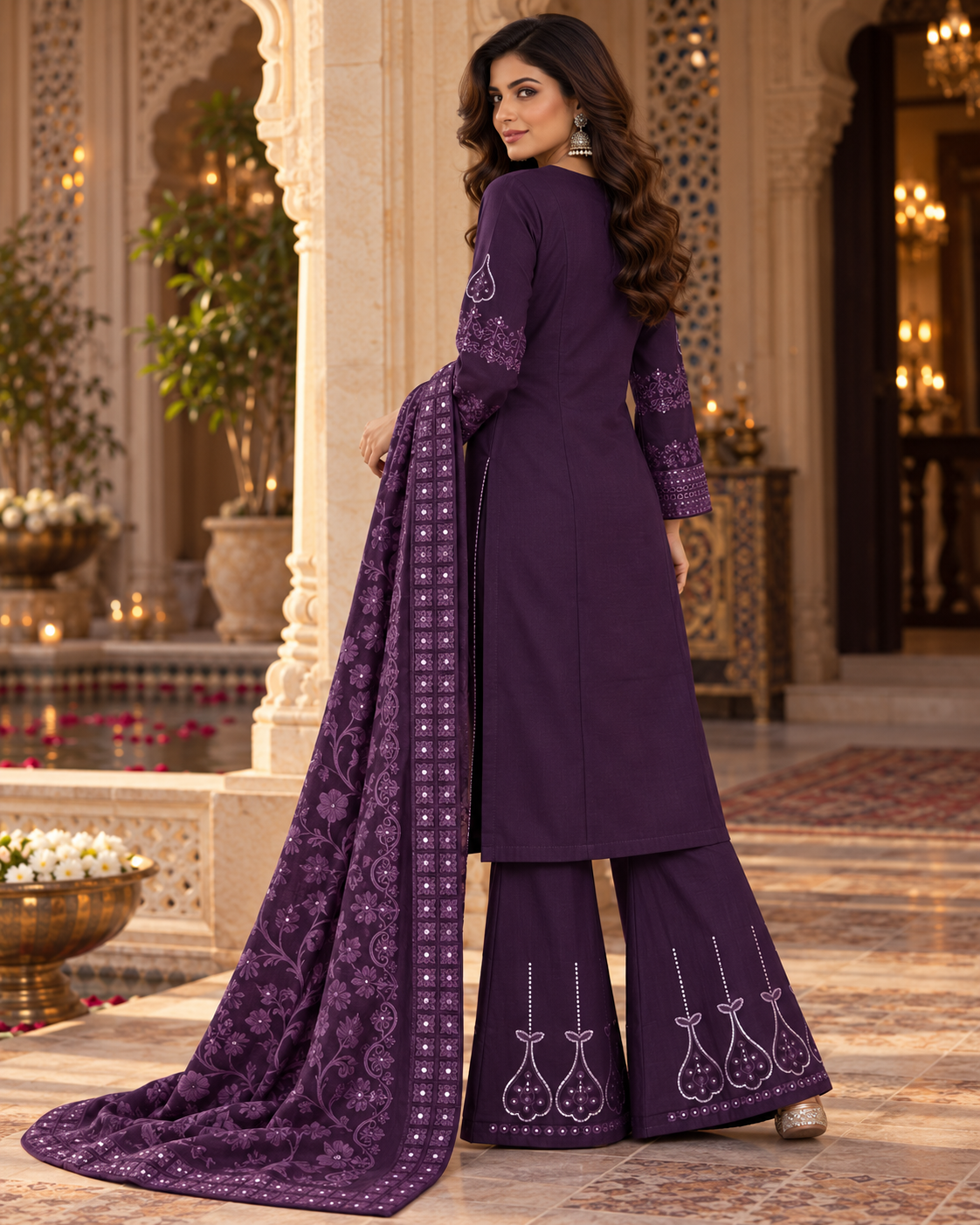 PC-97 Embroidered Cotton Shirt with Flared Trouser & Diamond Dupatta - 3 Pcs