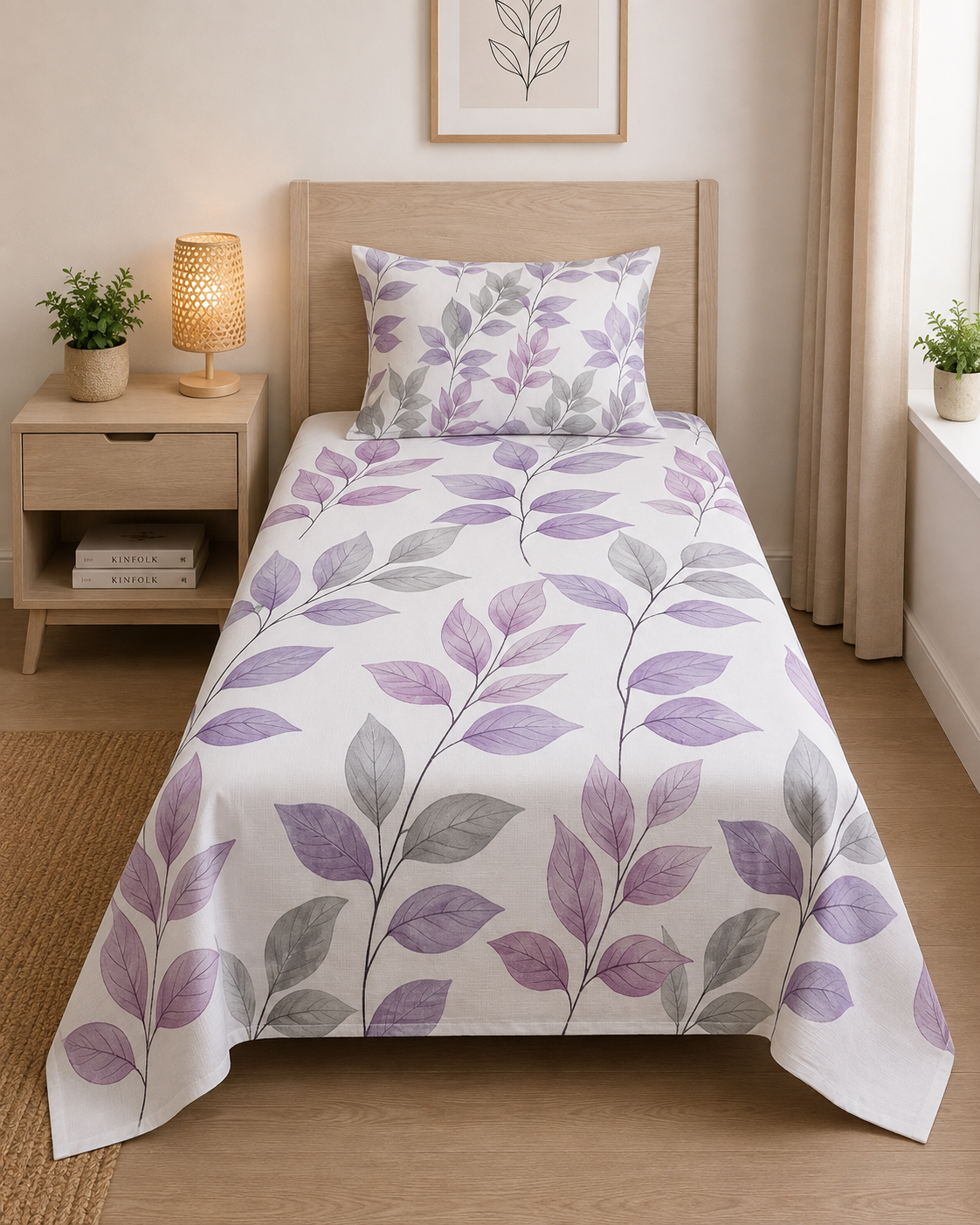 Purple Leaf Pattern Bedsheet Set Stylish Botanical Print for Single & Double Beds with 2 Pillowcases