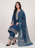 3 Pc Embroidered Lawn Cotton Stitched Suit - Deep Teal Blue