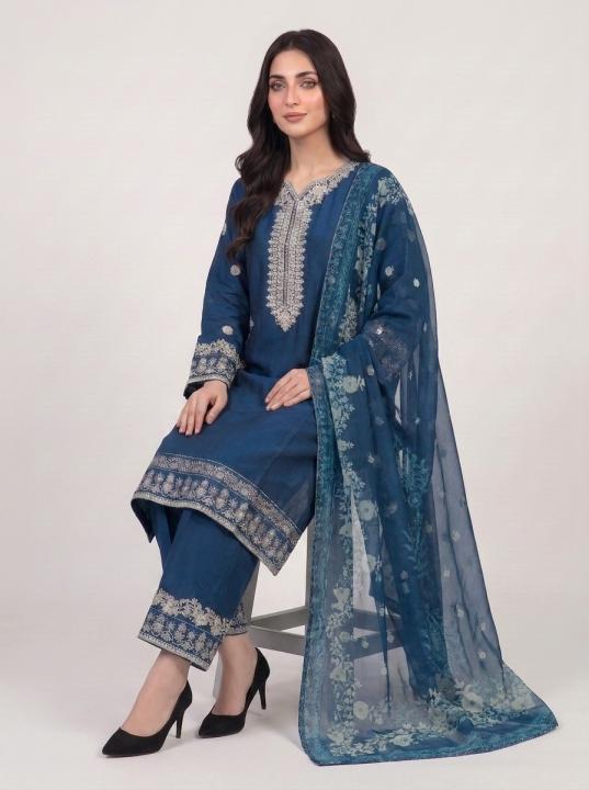 3 Pc Embroidered Lawn Cotton Stitched Suit - Deep Teal Blue