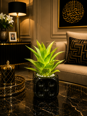 Modern Black Decorative Planter Pot with Artificial Plant | Luxury Indoor Tabletop Planter PL00203