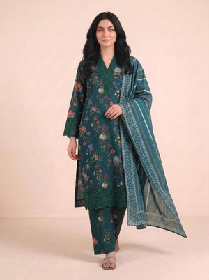 3 Pc Embroidered Lawn Stitched Suit - Dark Teal Floral