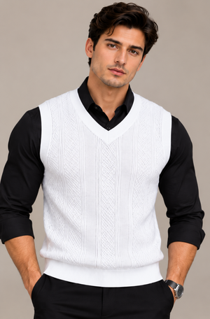 Eternity Men White Textured V-Neck Knitted Sweater
