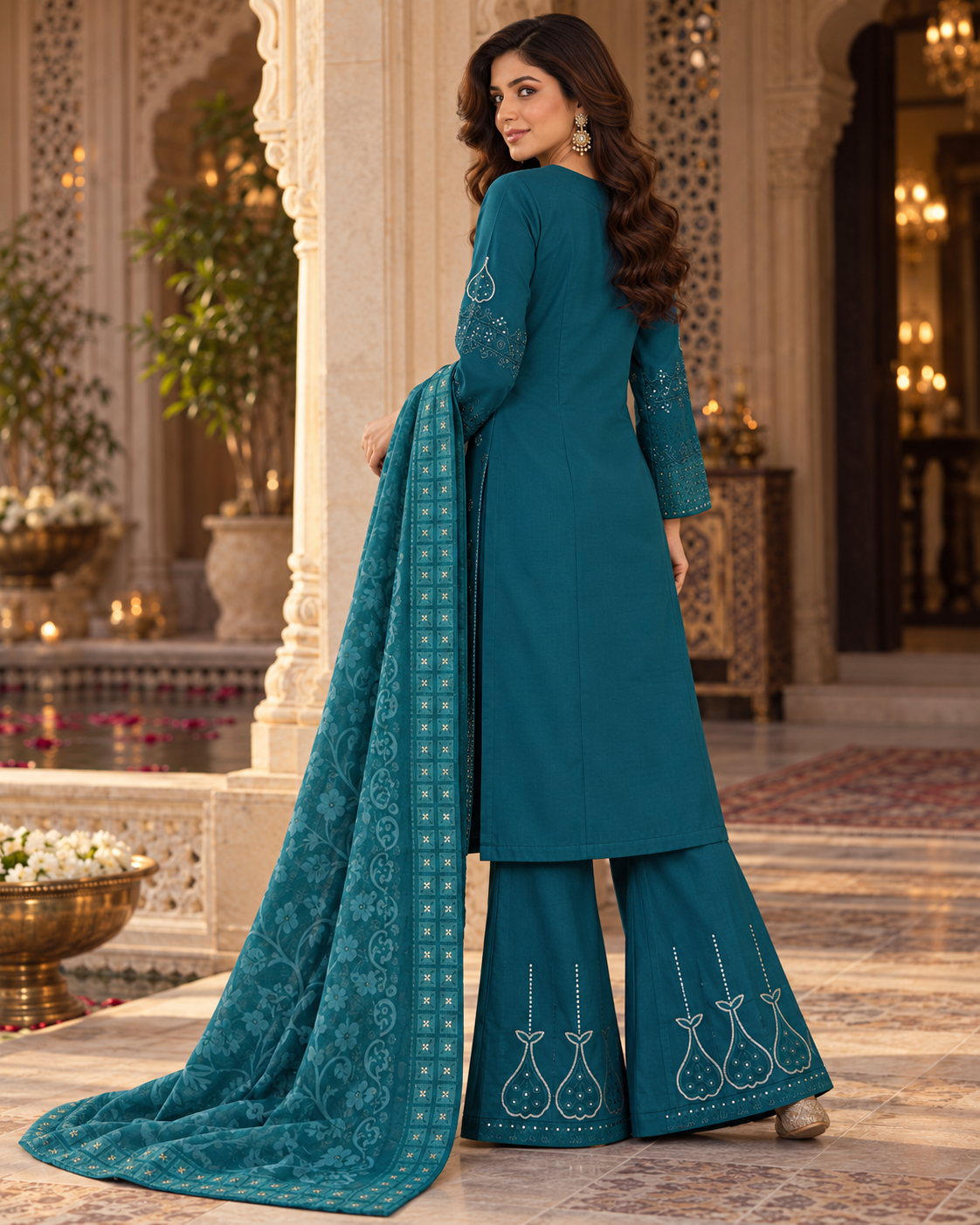 PC-971 Embroidered Cotton Shirt with Flared Trouser & Diamond Dupatta - 3 Pcs