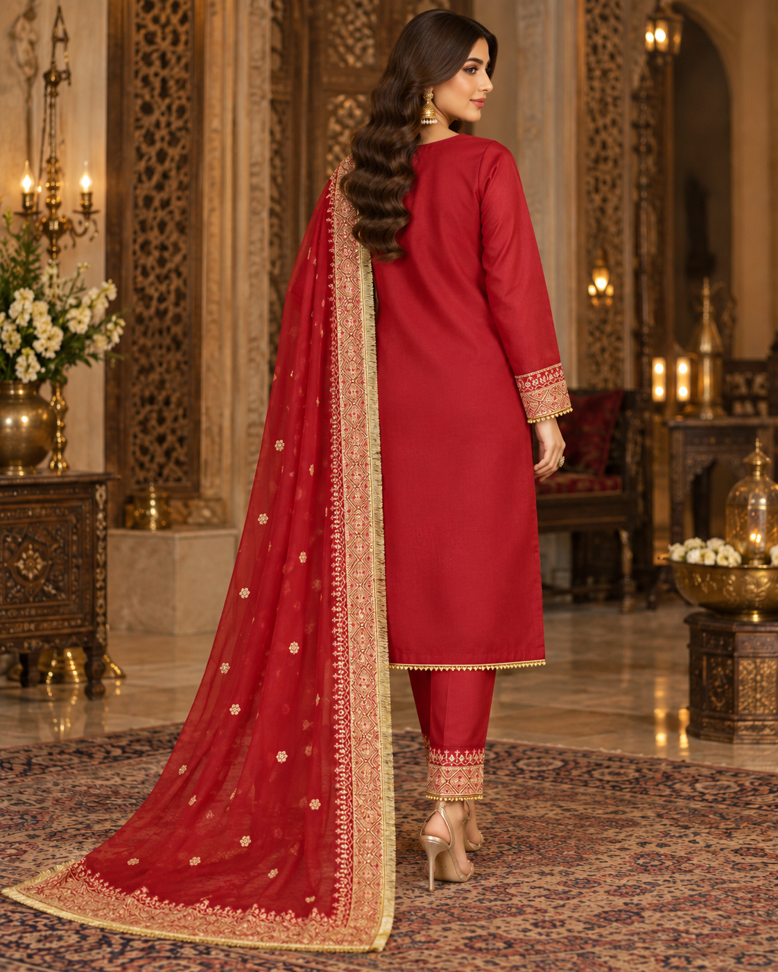 PC-961 Embroidered Premium Silk Shirt with Straight Trouser & Dupatta - 3 Pcs