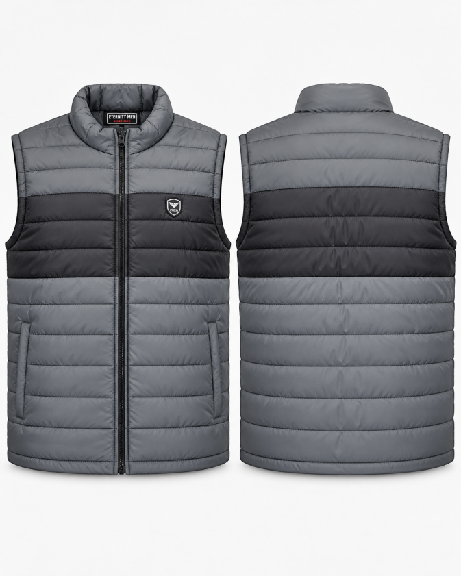 Eternity Men Premium Sleeveless Chest Panel Puffer Charcoal & Black